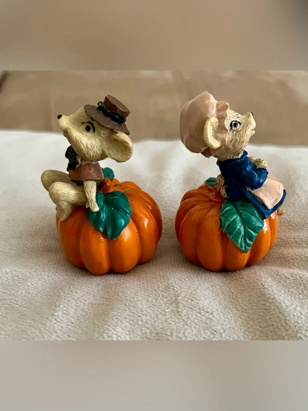 Mouse Figurines Sitting on Pumpkins Boy & Girl, Painted Resin, 2 Pack